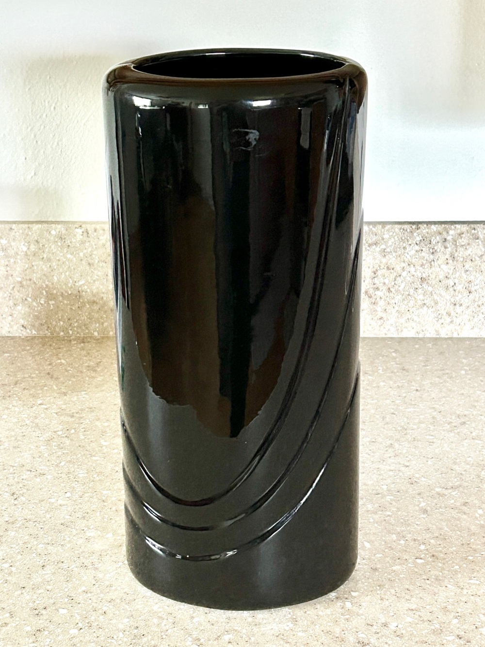 NOS Haeger Vase Vtg 12" Black Cylinder Art Deco Wave Pattern Mint Condition
